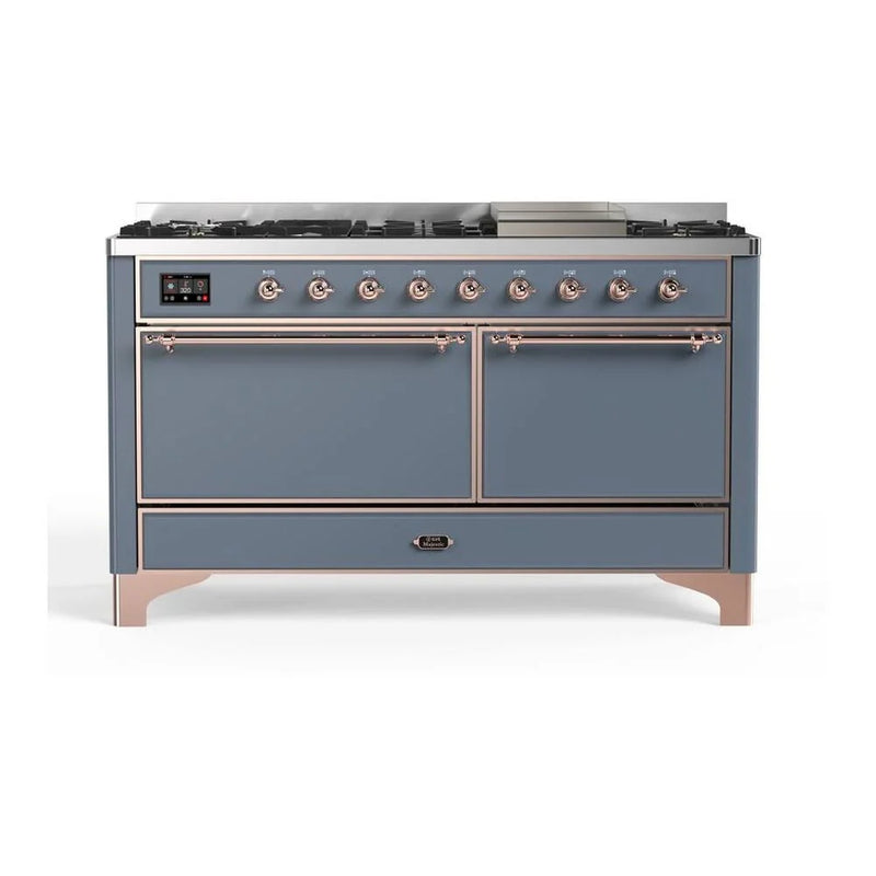 ILVE Majestic II 60" Dual Fuel Freestanding Range in Blue Grey with Copper Trim, UM15FDQNS3BGPLP