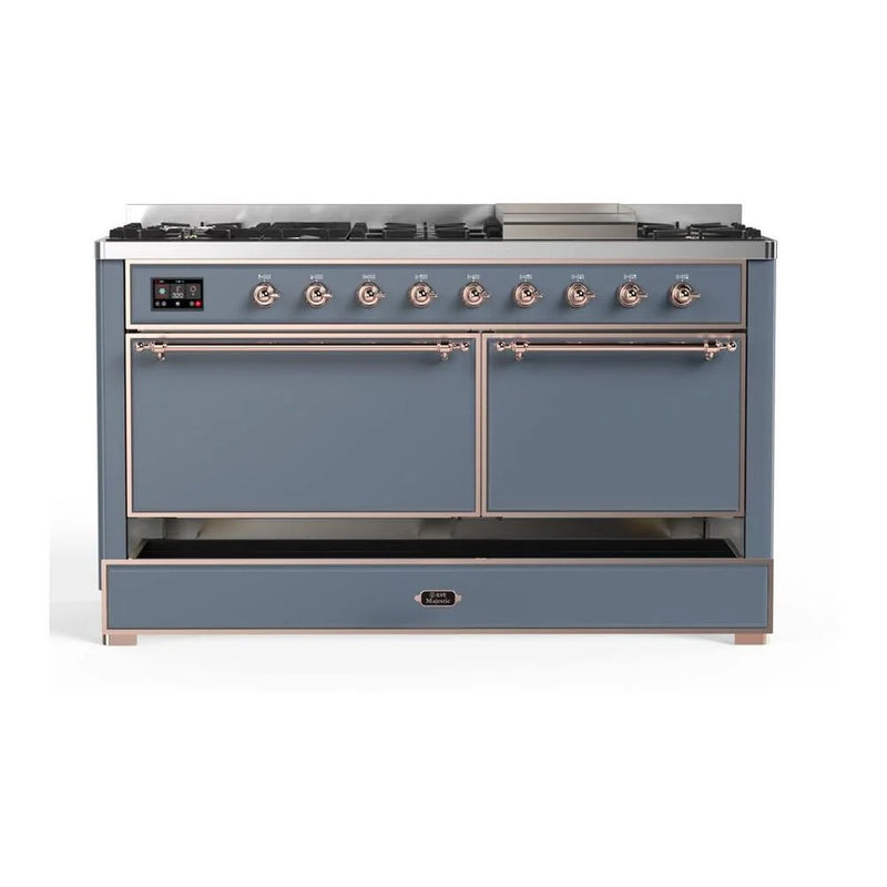 ILVE Majestic II 60" Dual Fuel Freestanding Range in Blue Grey with Copper Trim, UM15FDQNS3BGPLP