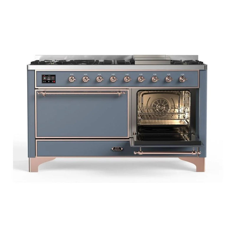 ILVE Majestic II 60" Dual Fuel Freestanding Range in Blue Grey with Copper Trim, UM15FDQNS3BGP