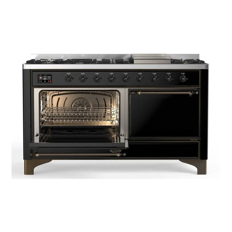 ILVE Majestic II 60" Dual Fuel Freestanding Range in Glossy Black with Burnished Trim, UM15FDQNS3BKB