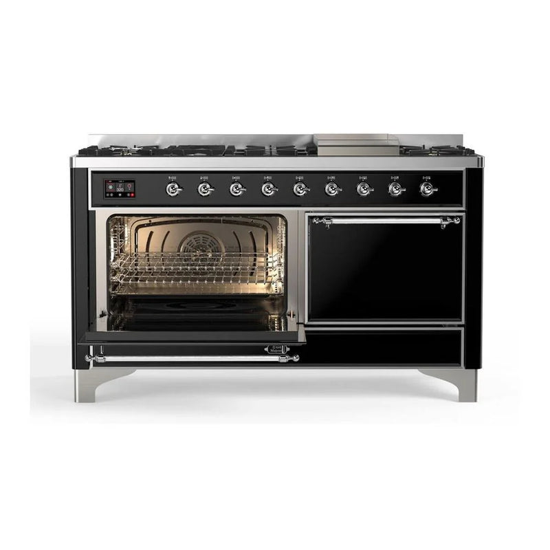 ILVE Majestic II 60" Dual Fuel Freestanding Range in Glossy Black with Chrome Trim, UM15FDQNS3BKCLP