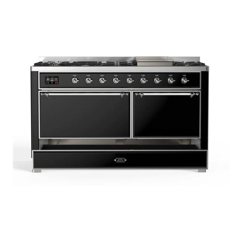 ILVE Majestic II 60" Dual Fuel Freestanding Range in Glossy Black with Chrome Trim, UM15FDQNS3BKCLP