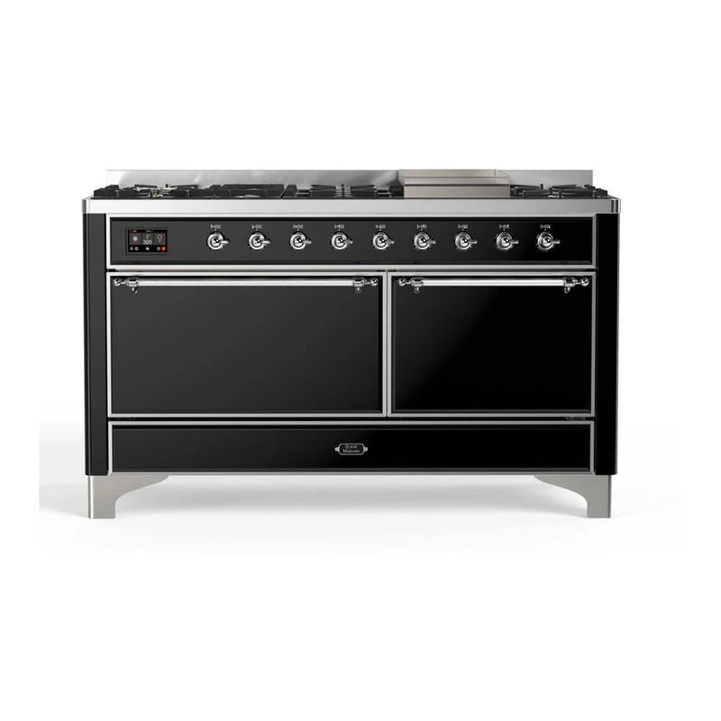 ILVE Majestic II 60" Dual Fuel Freestanding Range in Glossy Black with Chrome Trim, UM15FDQNS3BKC