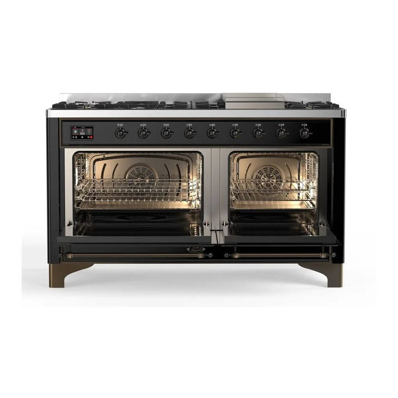 ILVE Majestic II 60" Dual Fuel Freestanding Range in Glossy Black with Chrome Trim, UM15FDQNS3BKC