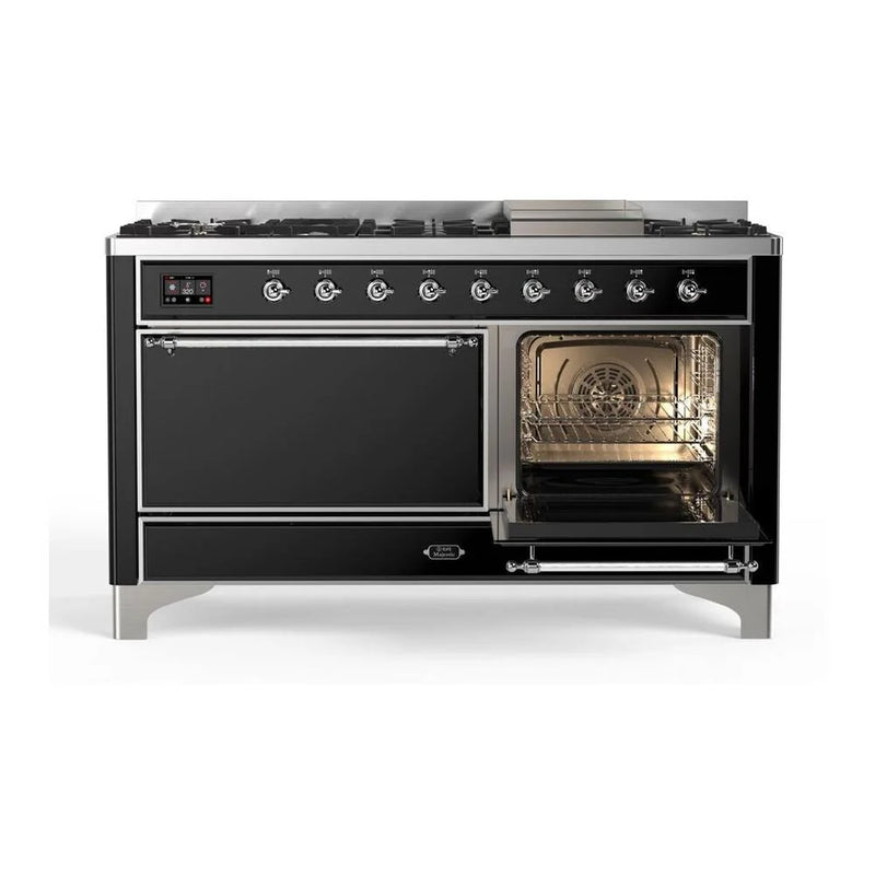 ILVE Majestic II 60" Dual Fuel Freestanding Range in Glossy Black with Chrome Trim, UM15FDQNS3BKC