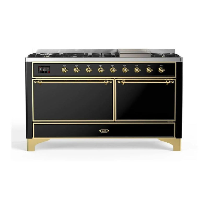 ILVE Majestic II 60" Dual Fuel Freestanding Range in Glossy Black with Brass Trim, UM15FDQNS3BKGLP