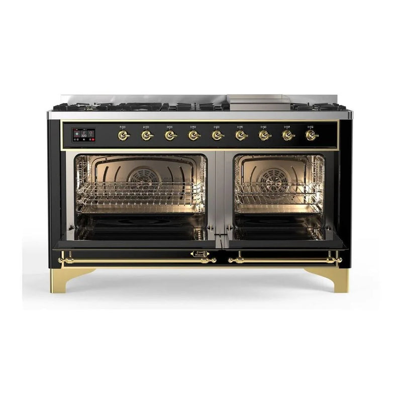 ILVE Majestic II 60" Dual Fuel Freestanding Range in Glossy Black with Brass Trim, UM15FDQNS3BKGLP