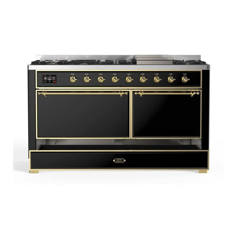 ILVE Majestic II 60" Dual Fuel Freestanding Range in Glossy Black with Brass Trim, UM15FDQNS3BKG