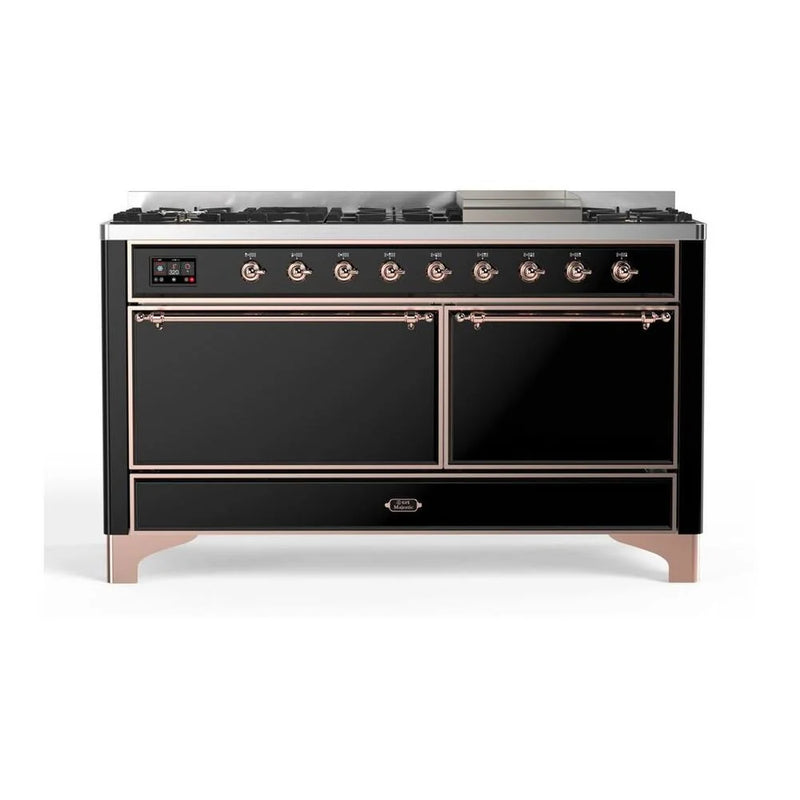 ILVE Majestic II 60" Dual Fuel Freestanding Range in Glossy Black with Copper Trim, UM15FDQNS3BKPLP