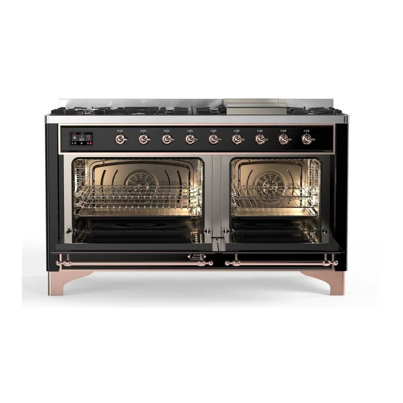 ILVE Majestic II 60" Dual Fuel Freestanding Range in Glossy Black with Copper Trim, UM15FDQNS3BKPLP