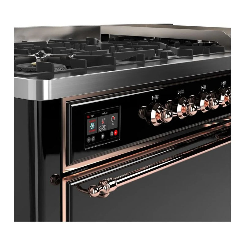 ILVE Majestic II 60" Dual Fuel Freestanding Range in Glossy Black with Copper Trim, UM15FDQNS3BKPLP