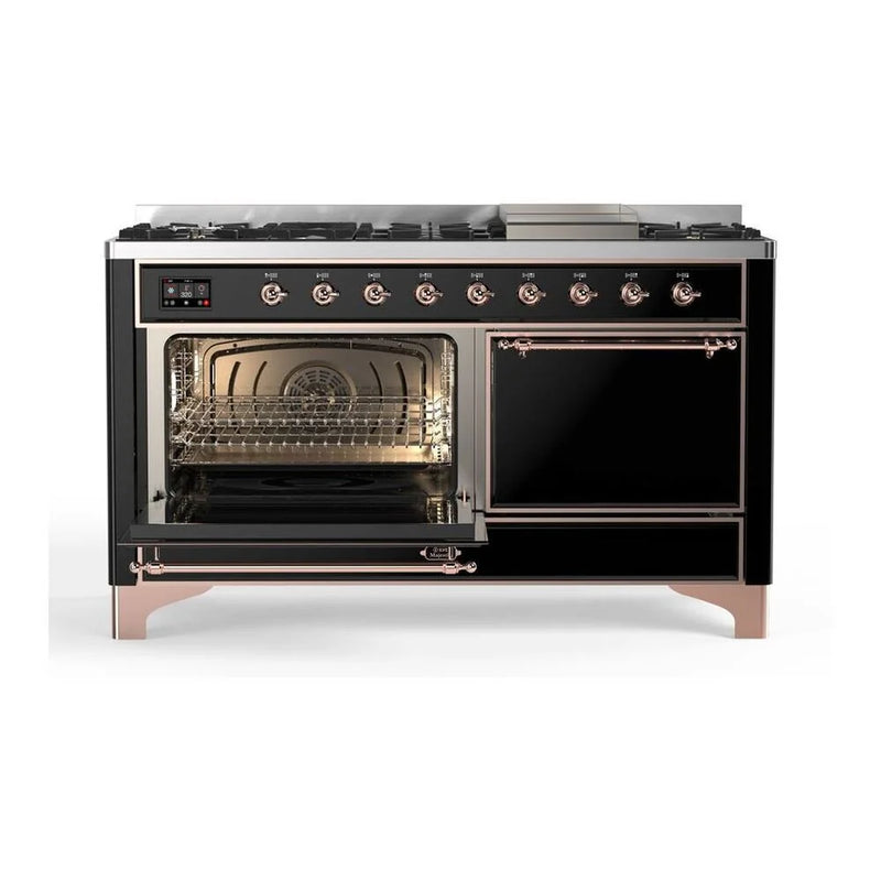 ILVE Majestic II 60" Dual Fuel Freestanding Range in Glossy Black with Copper Trim, UM15FDQNS3BKPLP