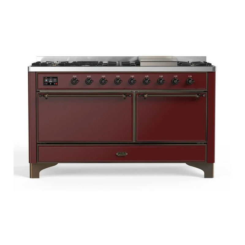 ILVE Majestic II 60" Dual Fuel Freestanding Range in Burgundy with Burnished Trim, UM15FDQNS3BUBLP