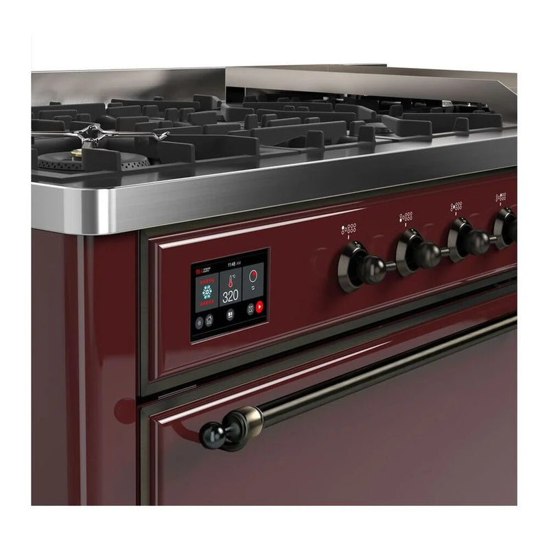 ILVE Majestic II 60" Dual Fuel Freestanding Range in Burgundy with Burnished Trim, UM15FDQNS3BUBLP