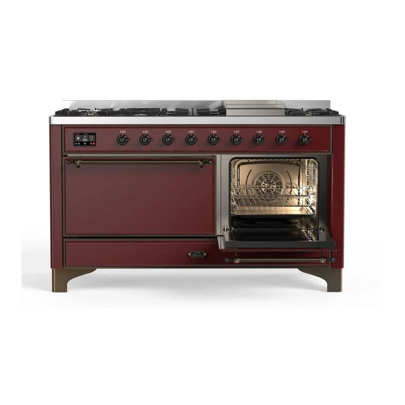 ILVE Majestic II 60" Dual Fuel Freestanding Range in Burgundy with Burnished Trim, UM15FDQNS3BUBLP