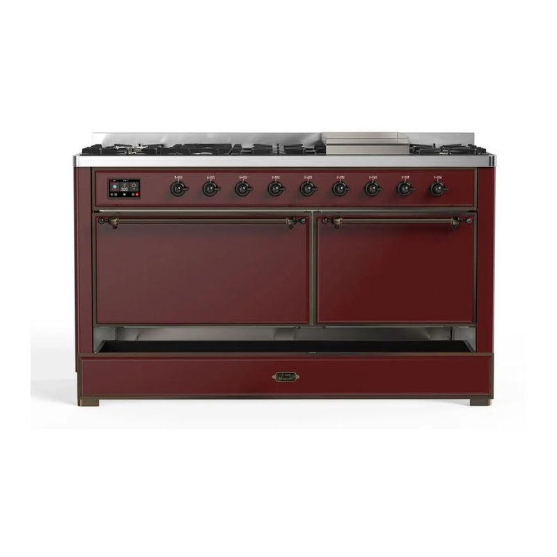 ILVE Majestic II 60" Dual Fuel Freestanding Range in Burgundy with Burnished Trim, UM15FDQNS3BUBLP