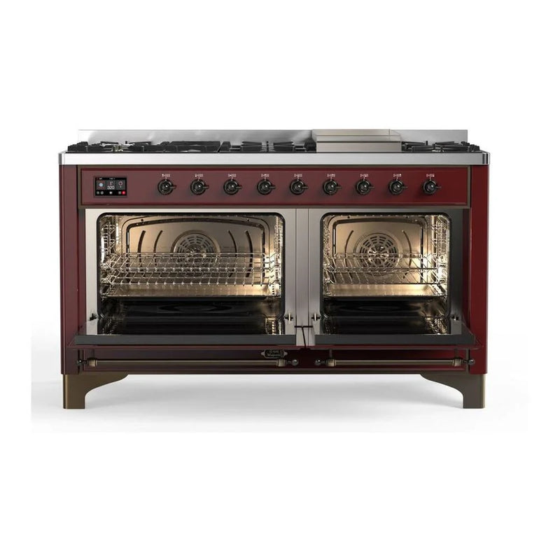 ILVE Majestic II 60" Dual Fuel Freestanding Range in Burgundy with Burnished Trim, UM15FDQNS3BUB