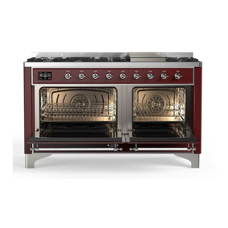 ILVE Majestic II 60" Dual Fuel Freestanding Range in Burgundy with Chrome Trim, UM15FDQNS3BUCLP