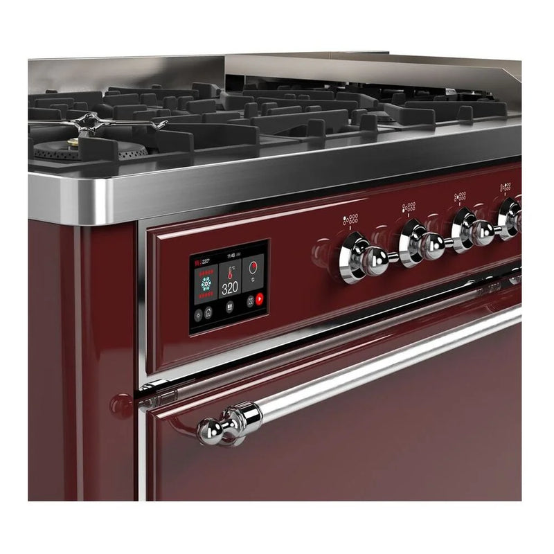 ILVE Majestic II 60" Dual Fuel Freestanding Range in Burgundy with Chrome Trim, UM15FDQNS3BUCLP