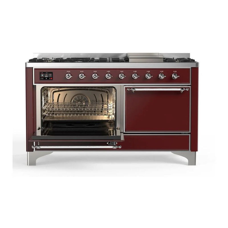 ILVE Majestic II 60" Dual Fuel Freestanding Range in Burgundy with Chrome Trim, UM15FDQNS3BUC