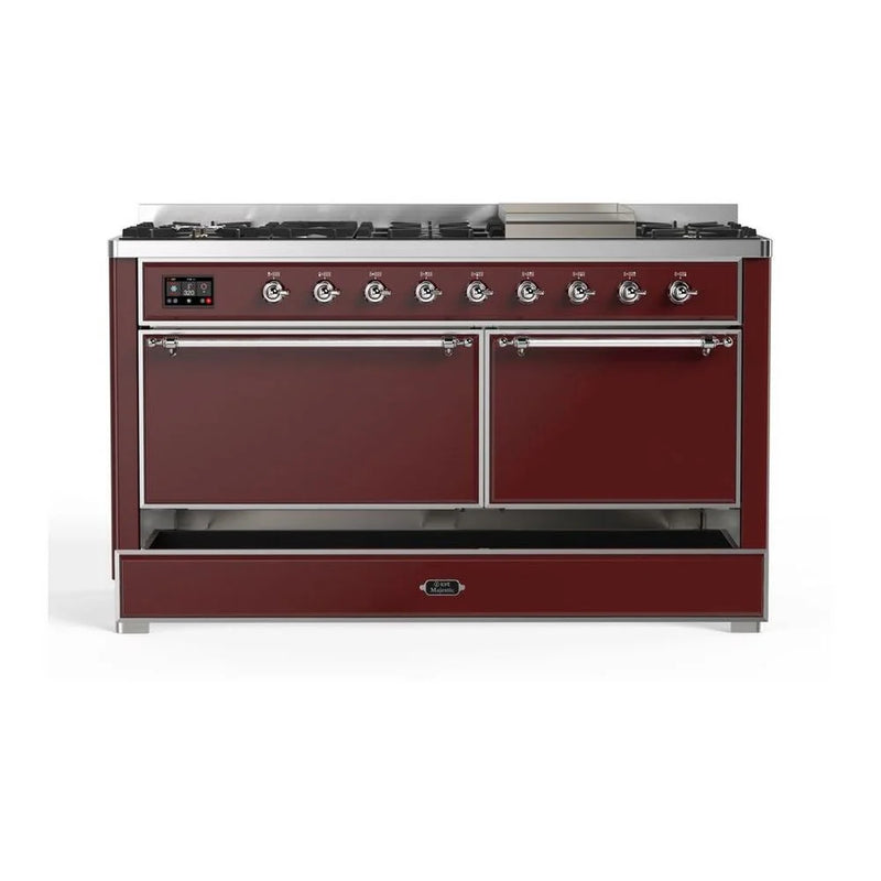 ILVE Majestic II 60" Dual Fuel Freestanding Range in Burgundy with Chrome Trim, UM15FDQNS3BUC