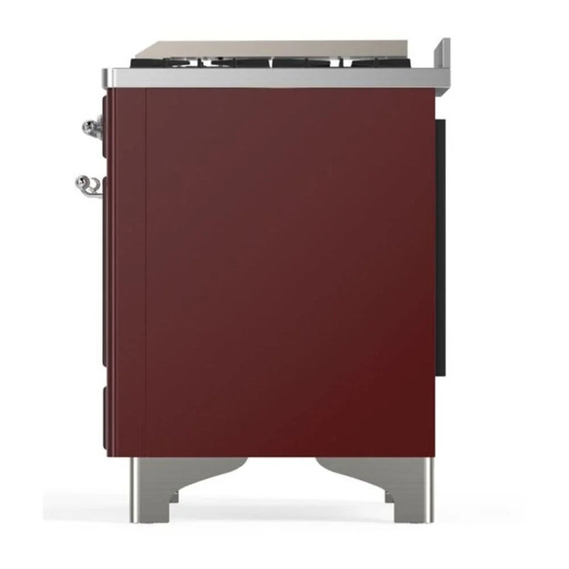 ILVE Majestic II 60" Dual Fuel Freestanding Range in Burgundy with Chrome Trim, UM15FDQNS3BUC