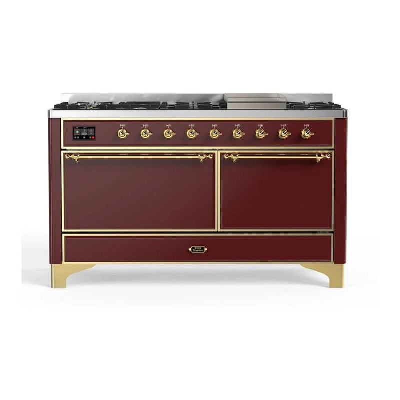 ILVE Majestic II 60" Dual Fuel Freestanding Range in Burgundy with Brass Trim, UM15FDQNS3BUGLP