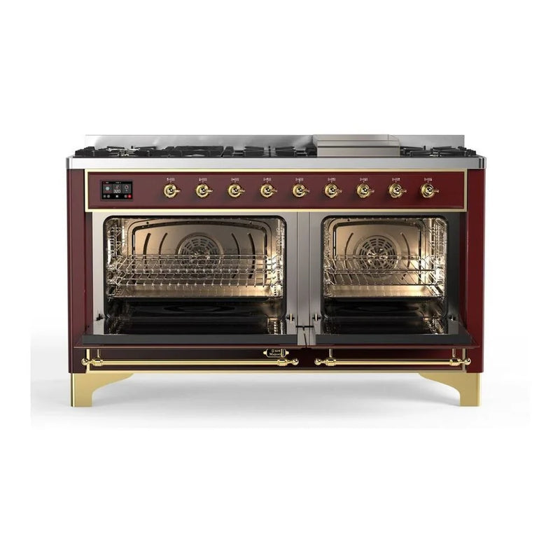 ILVE Majestic II 60" Dual Fuel Freestanding Range in Burgundy with Brass Trim, UM15FDQNS3BUGLP