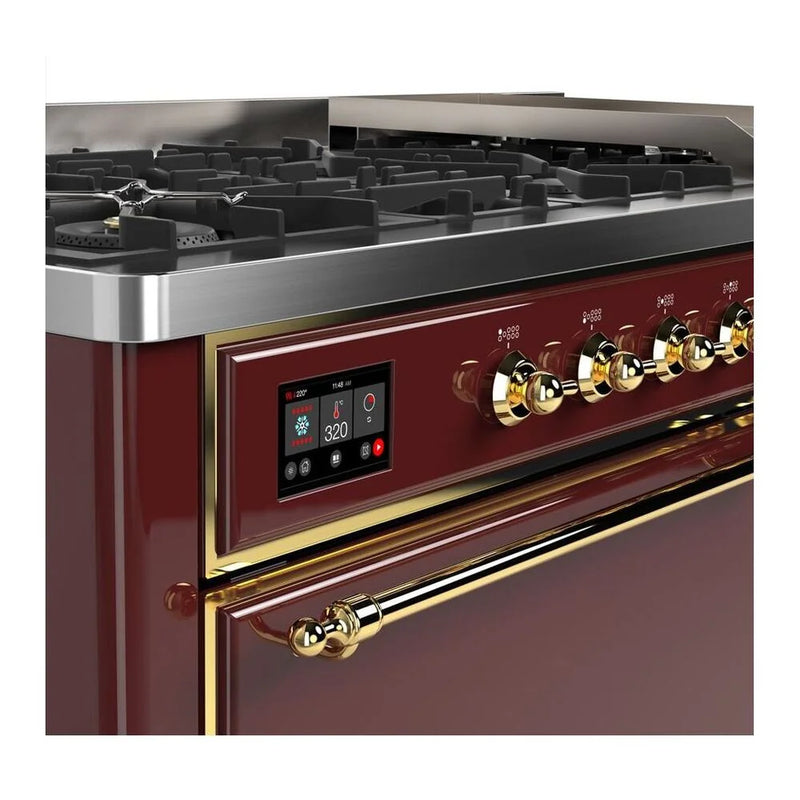 ILVE Majestic II 60" Dual Fuel Freestanding Range in Burgundy with Brass Trim, UM15FDQNS3BUGLP