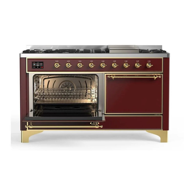 ILVE Majestic II 60" Dual Fuel Freestanding Range in Burgundy with Brass Trim, UM15FDQNS3BUGLP