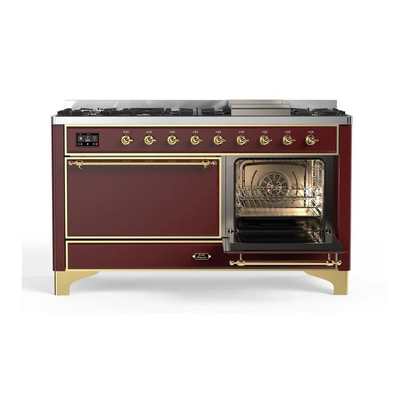 ILVE Majestic II 60" Dual Fuel Freestanding Range in Burgundy with Brass Trim, UM15FDQNS3BUGLP
