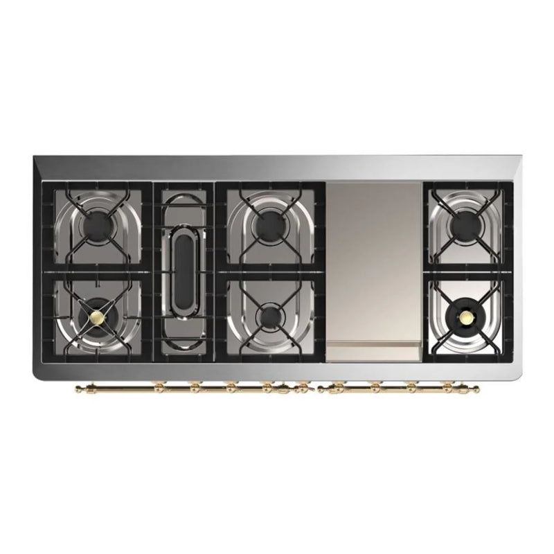 ILVE Majestic II 60" Dual Fuel Freestanding Range in Burgundy with Brass Trim, UM15FDQNS3BUGLP