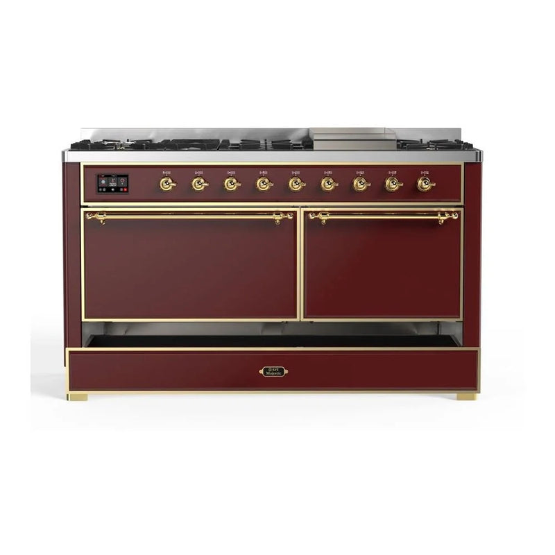 ILVE Majestic II 60" Dual Fuel Freestanding Range in Burgundy with Brass Trim, UM15FDQNS3BUG