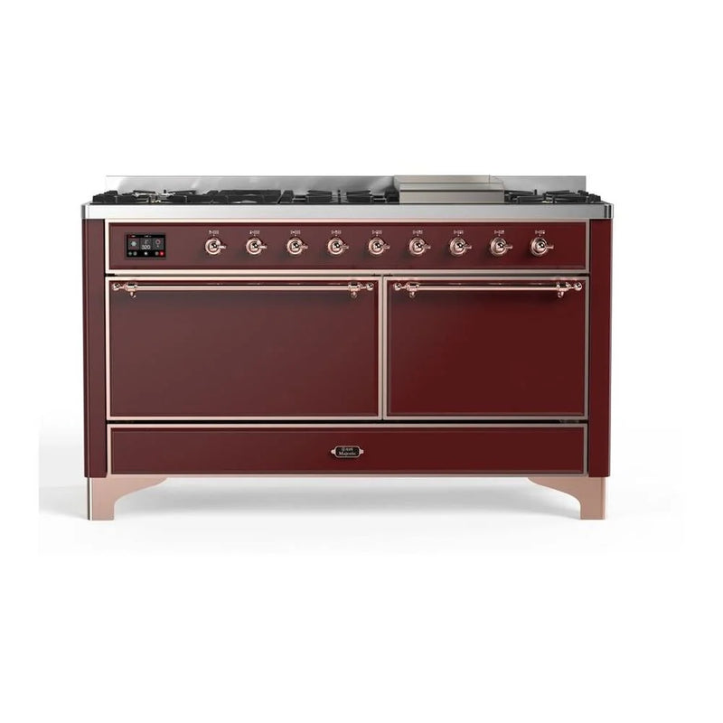 ILVE Majestic II 60" Dual Fuel Freestanding Range in Burgundy with Copper Trim, UM15FDQNS3BUPLP