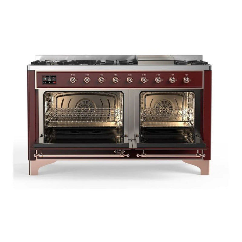 ILVE Majestic II 60" Dual Fuel Freestanding Range in Burgundy with Copper Trim, UM15FDQNS3BUPLP