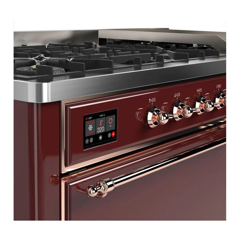 ILVE Majestic II 60" Dual Fuel Freestanding Range in Burgundy with Copper Trim, UM15FDQNS3BUPLP