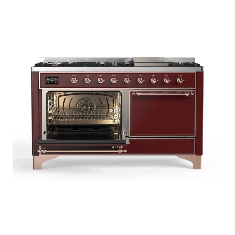 ILVE Majestic II 60" Dual Fuel Freestanding Range in Burgundy with Copper Trim, UM15FDQNS3BUP