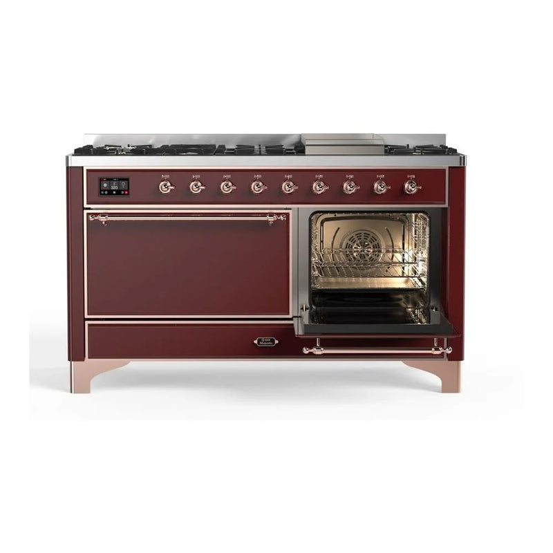 ILVE Majestic II 60" Dual Fuel Freestanding Range in Burgundy with Copper Trim, UM15FDQNS3BUP