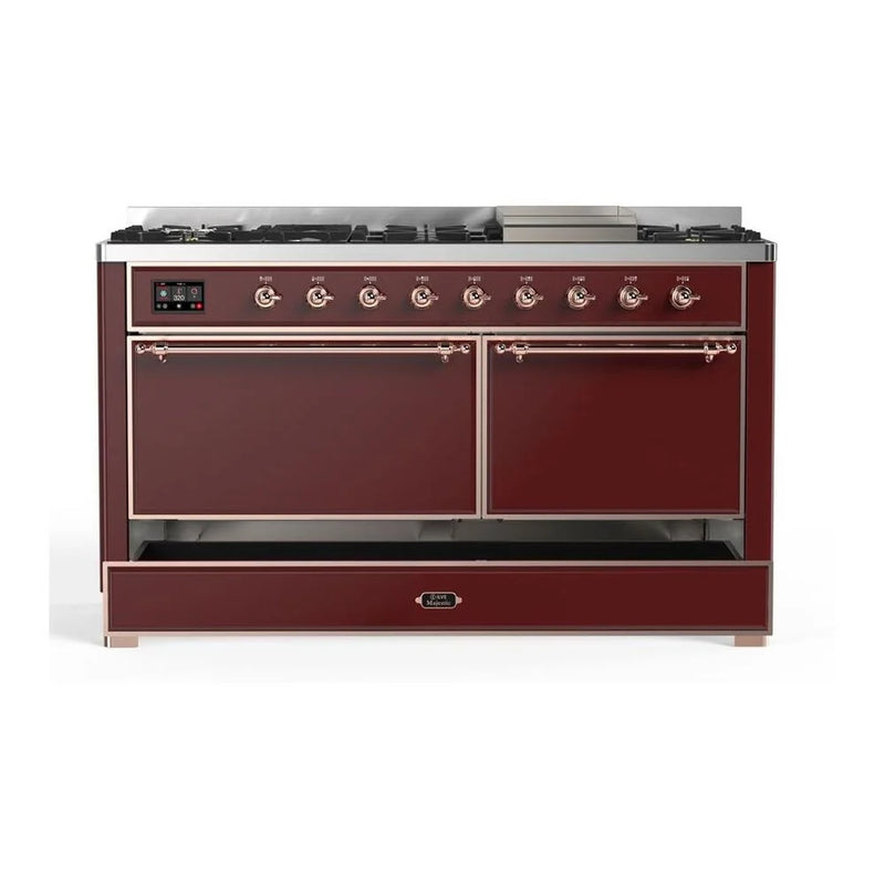 ILVE Majestic II 60" Dual Fuel Freestanding Range in Burgundy with Copper Trim, UM15FDQNS3BUP