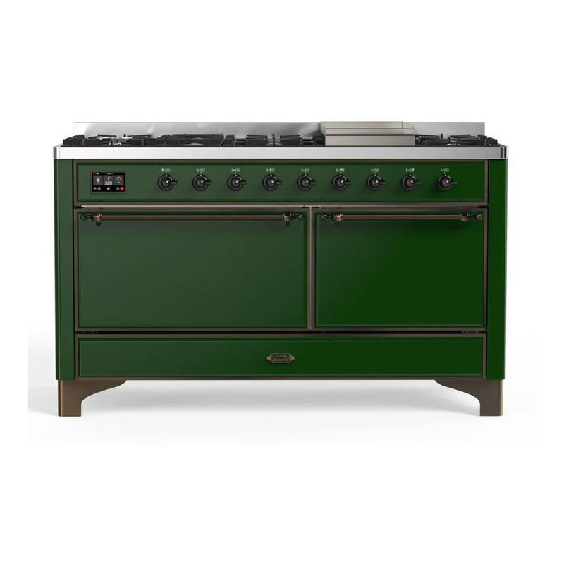 ILVE Majestic II 60" Dual Fuel Freestanding Range in Emerald Green with Burnished Trim, UM15FDQNS3EGB