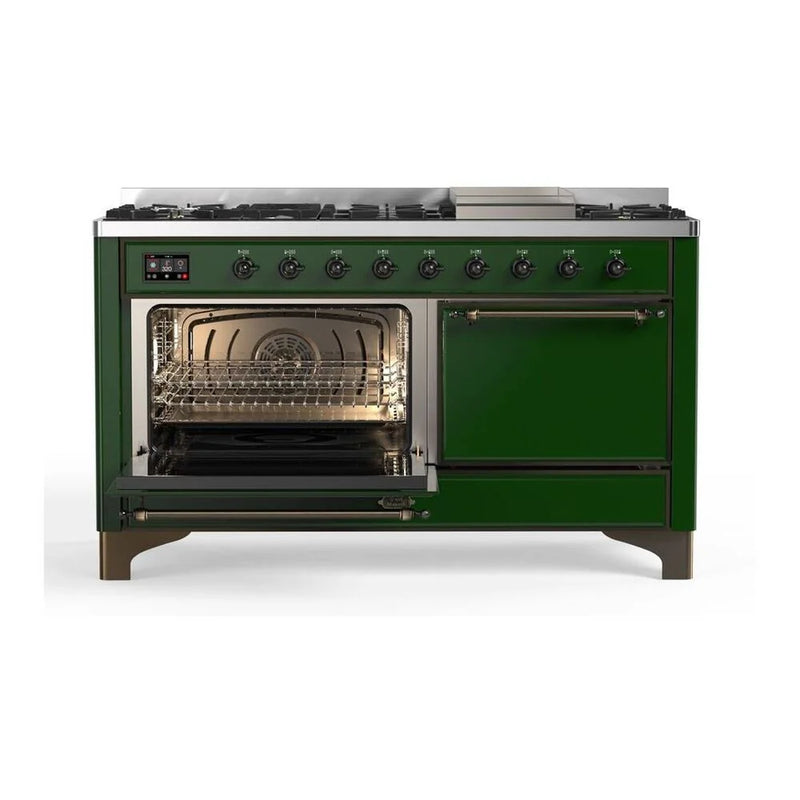 ILVE Majestic II 60" Dual Fuel Freestanding Range in Emerald Green with Burnished Trim, UM15FDQNS3EGB