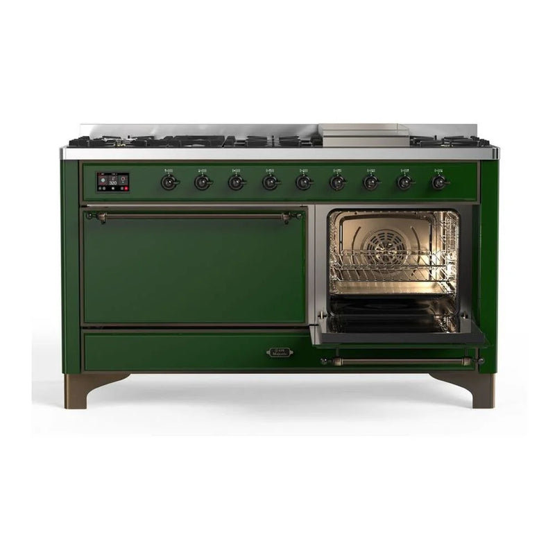 ILVE Majestic II 60" Dual Fuel Freestanding Range in Emerald Green with Burnished Trim, UM15FDQNS3EGB