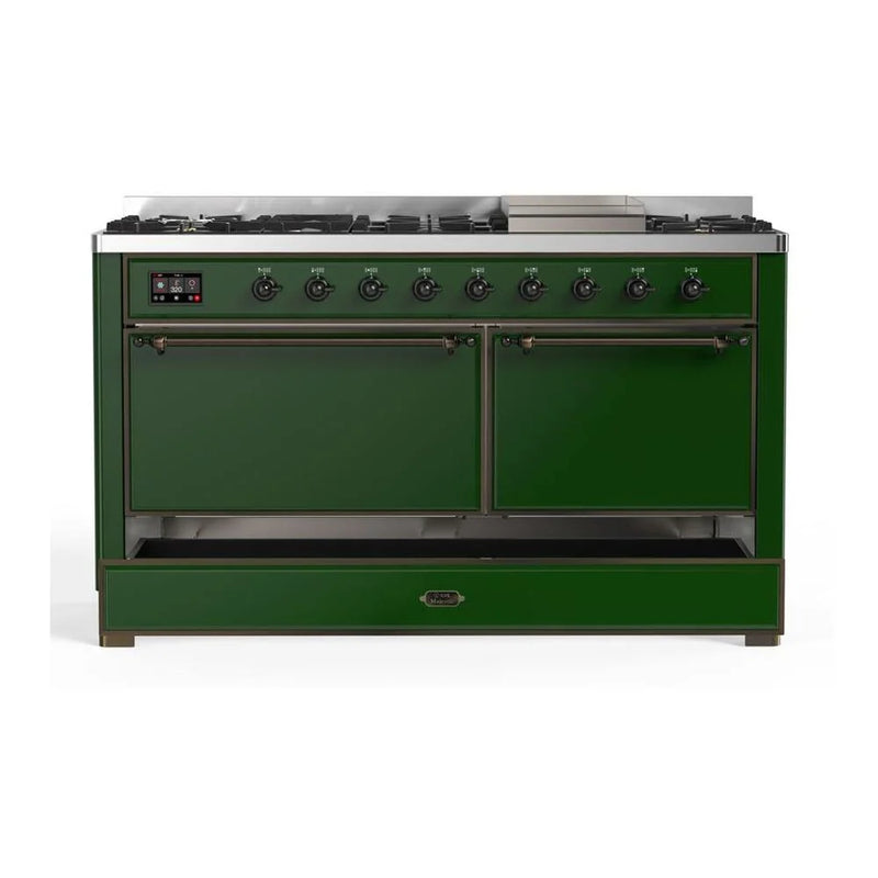 ILVE Majestic II 60" Dual Fuel Freestanding Range in Emerald Green with Burnished Trim, UM15FDQNS3EGB