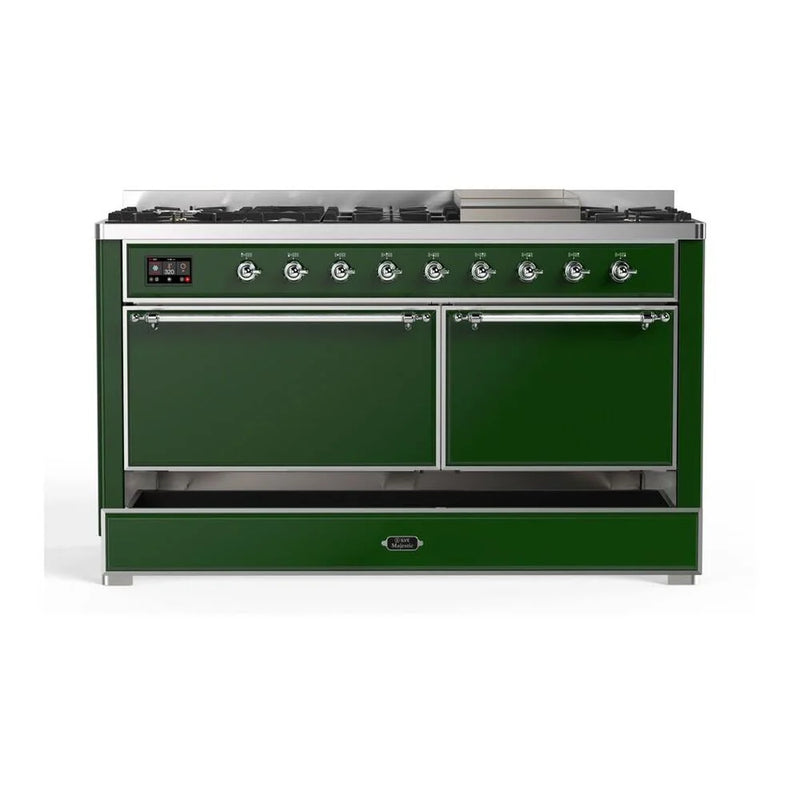 ILVE Majestic II 60" Dual Fuel Freestanding Range in Emerald Green with Chrome Trim, UM15FDQNS3EGCLP