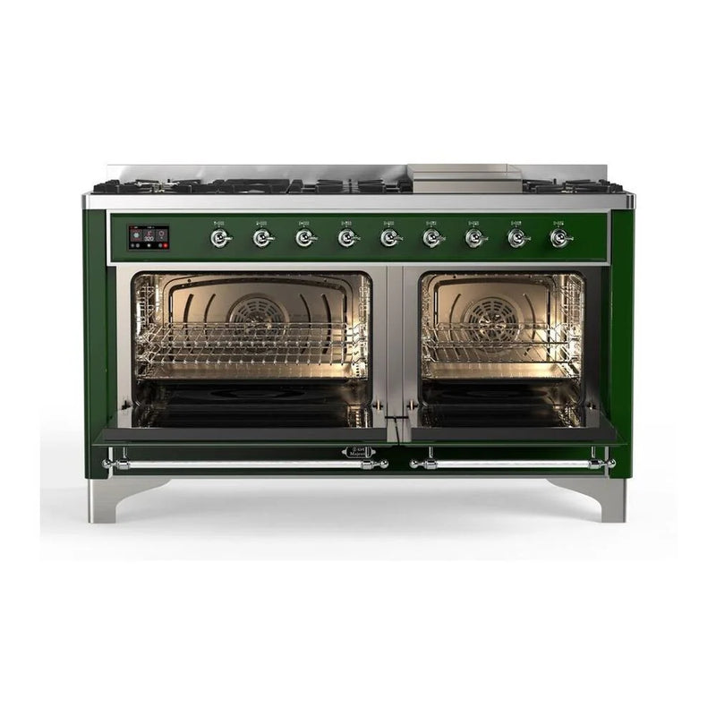 ILVE Majestic II 60" Dual Fuel Freestanding Range in Emerald Green with Chrome Trim, UM15FDQNS3EGC