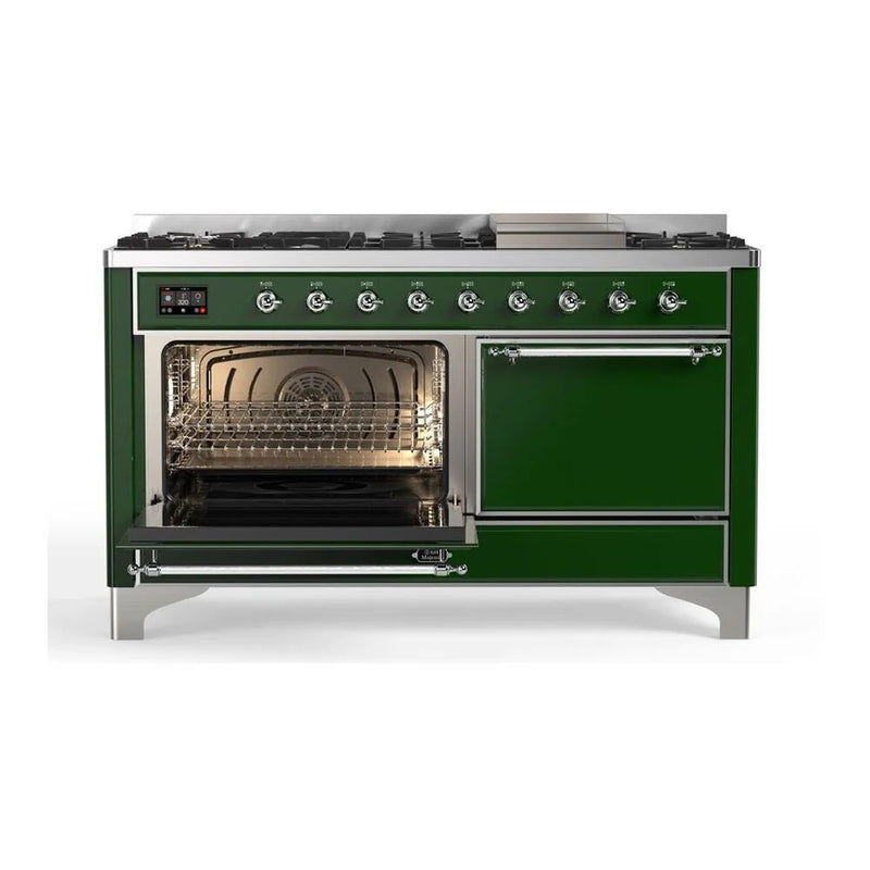 ILVE Majestic II 60" Dual Fuel Freestanding Range in Emerald Green with Chrome Trim, UM15FDQNS3EGC