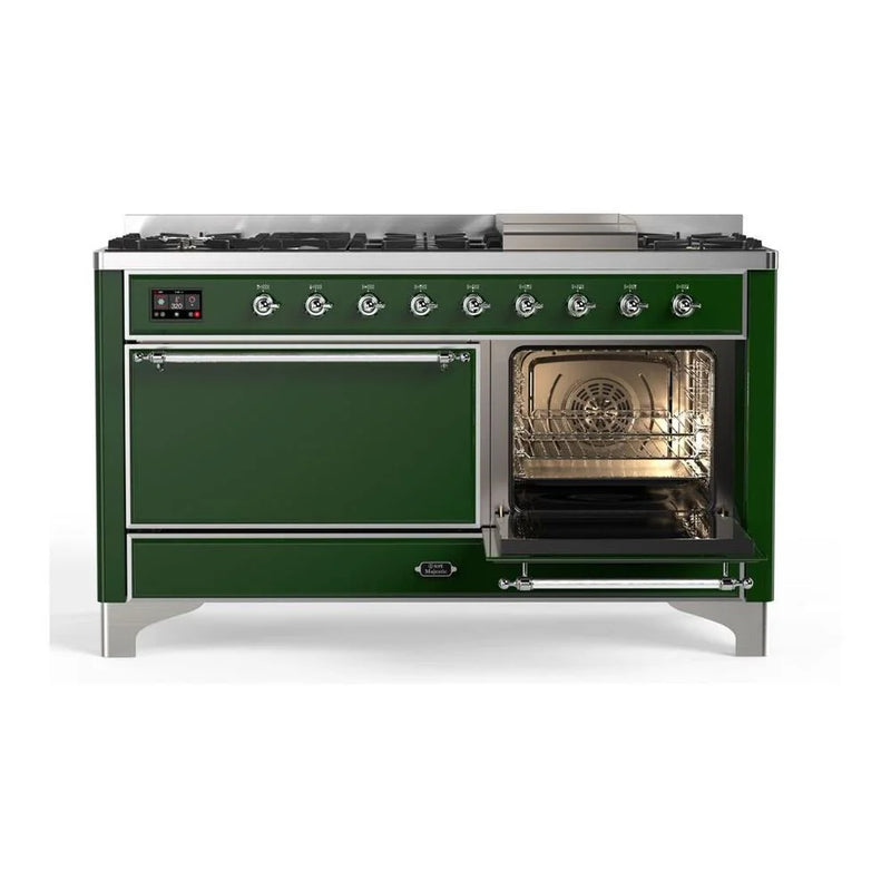 ILVE Majestic II 60" Dual Fuel Freestanding Range in Emerald Green with Chrome Trim, UM15FDQNS3EGC