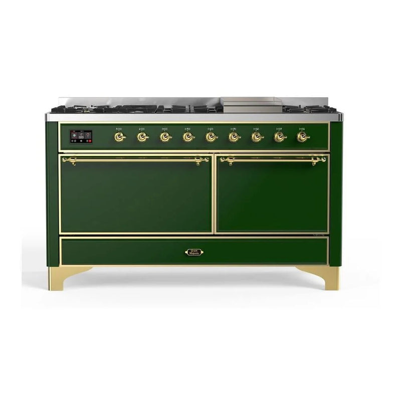 ILVE Majestic II 60" Dual Fuel Freestanding Range in Emerald Green with Brass Trim, UM15FDQNS3EGGLP