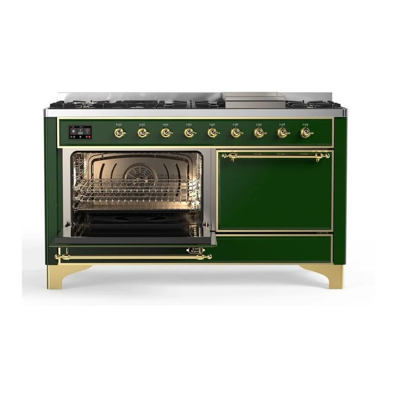 ILVE Majestic II 60" Dual Fuel Freestanding Range in Emerald Green with Brass Trim, UM15FDQNS3EGGLP
