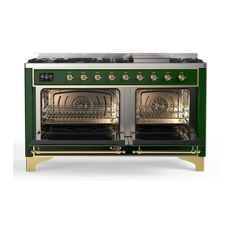 ILVE Majestic II 60" Dual Fuel Freestanding Range in Emerald Green with Brass Trim, UM15FDQNS3EGG
